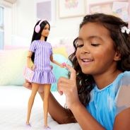 ​Barbie Fashionistas Doll #245, Autistic Barbie Doll Wearing Purple Striped Dress with Accessories like Fidget Spinner, Tablet and Headphones