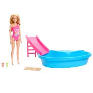 Barbie Doll and Pool Playset, Blonde in Tropical Pink One-Piece Swimsuit with Pool, Slide, Towel and Drink Accessories
