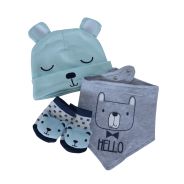 Hat, Bandana Bib & Sock Set 3 Piece Blue & Grey