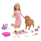 Barbie Doll & Pets Set, Blonde with Mommy Dog, 3 Newborn Puppies with Color-Change Feature & Pet Accessories