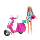 Blonde Doll With Pink And White Scooter with Kickstand and Teal Basket