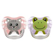 PreVent Pacifier Stage 1 – Pink/Grey Cat & Purple / Green Frog – 2pack